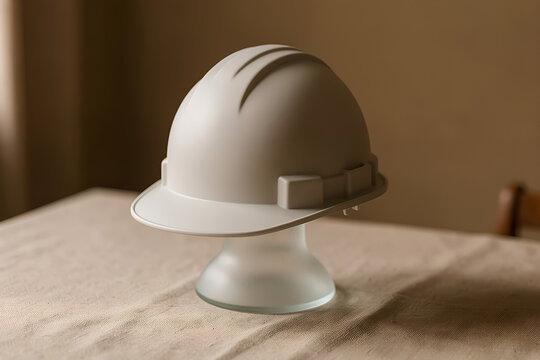 Matte safety hard hat on frosted-glass pedestal over linen table
