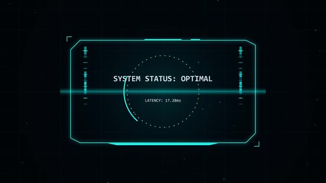 Digital interface displays system status optimal, with futuristic HUD elements and glowing cyan lines on a dark grid background, technology concept