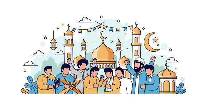 Muslim community celebrating Eid outside a golden domed mosque.