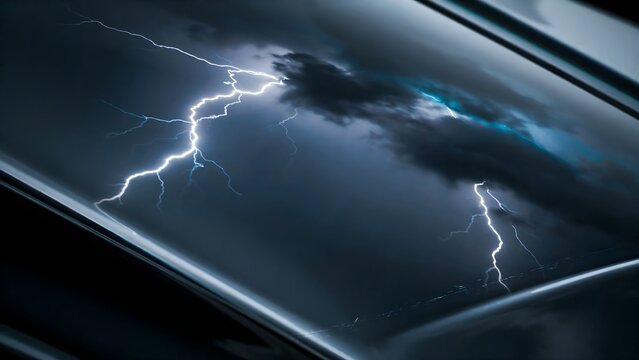 Dramatic lightning strike illuminating stormy dark cloudy sky seen through car windshield