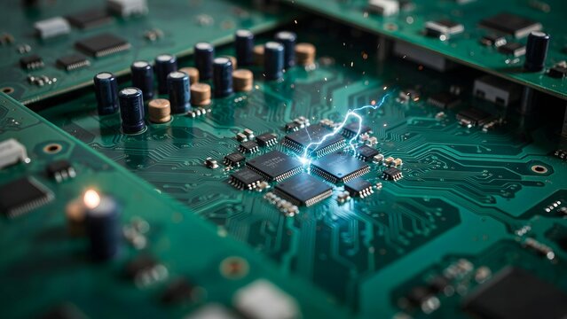close-up of electronic circuit board with lightning bolt graphic illustrating electrical flow
