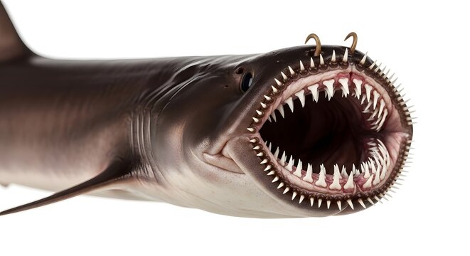 Gulper eel with gaping mouth and sharp teeth against a white background in studio lighting
