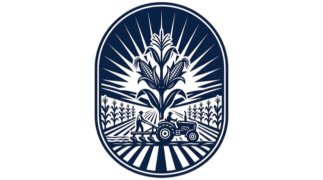 A vintage style oval emblem featuring a tractor plowing a corn field with a large sunburst pattern behind the crops in a classic illustration
