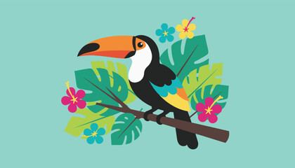 Fototapeta premium Beautiful tropical toucan bird perched on a branch surrounded by lush green monstera leaves and colorful hibiscus flowers.