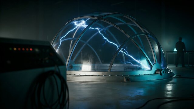 Futuristic Tesla Coil with Lightning Storm Inside Transparent Dome in Dark Environment
