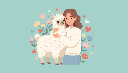 Fototapeta premium Beautiful young woman hugging a cute fluffy white llama with colorful flowers and red hearts on a teal background.