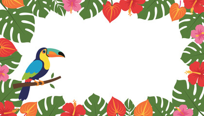 Fototapeta premium Vibrant tropical frame composed of green palm leaves, monstera foliage, hibiscus flowers, and a cute perched toucan.