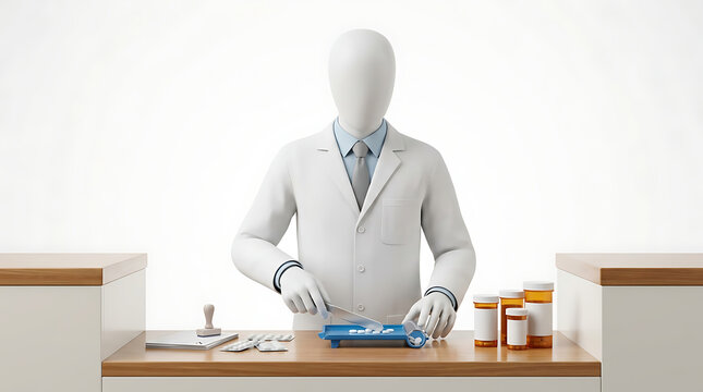 Pharmacist counting pills on a counter isolated on white background