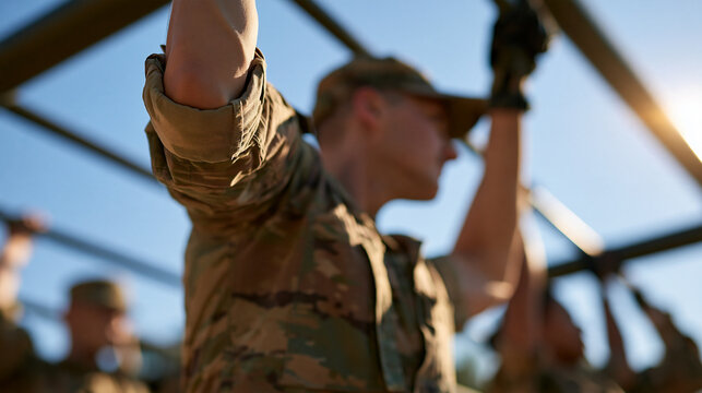confident soldiers in camouflage uniform climbing monkey bars on a bright outdoor obstacle course, captured from a low rear angle cropping faces from the frame, sunlit training
