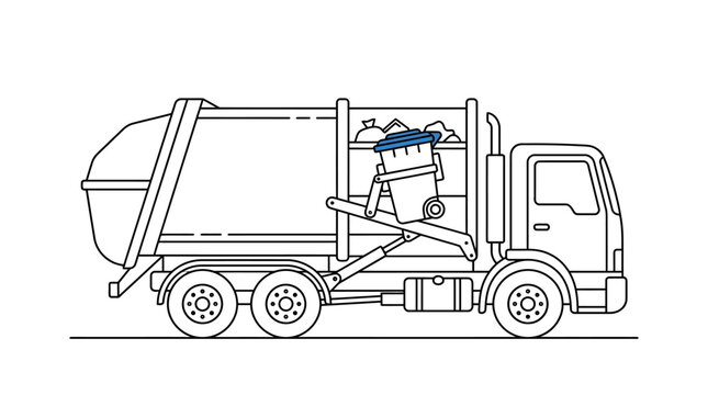 Vector line art illustration of a side-loader garbage truck lifting a trash bin with a blue lid, side view profile of a municipal waste collection vehicle on a white background.