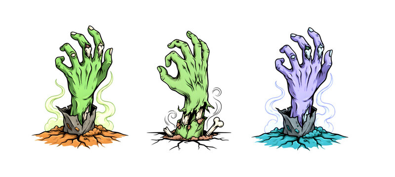 Spooky halloween zombie hand illustration set reaching out of grave for shirt sublimation and stickers
