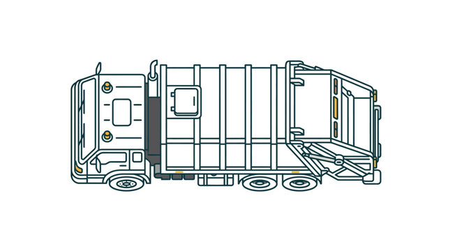 Top-down view vector illustration of a generic garbage truck for municipal waste management. Minimalist line art of a white refuse collection vehicle with rear loader and industrial details.