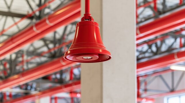 A bright red fire alarm bell mounted on a concrete pillar inside a modern industrial facility