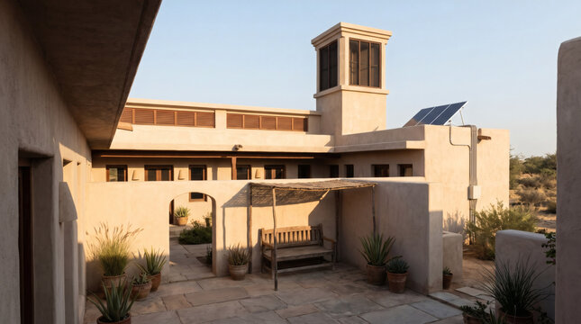 Eco friendly desert house exterior with windcatcher tower and solar panels in arid courtyard setting for passive cooling architecture and climate energy resilience