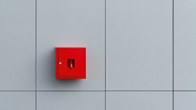 A bright red fire alarm pull station mounted on a clean gray tiled wall in a modern building