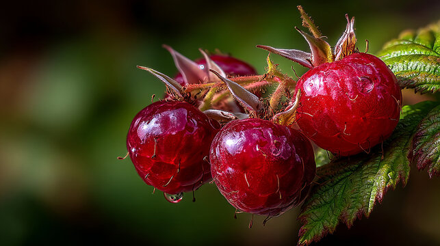 Close-up of ripe wild raspberries with water droplets on a branch raspberry raspberries