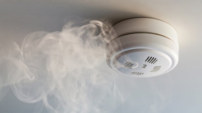 Round white smoke detector mounted on a ceiling with swirling pale gray smoke in a room interior