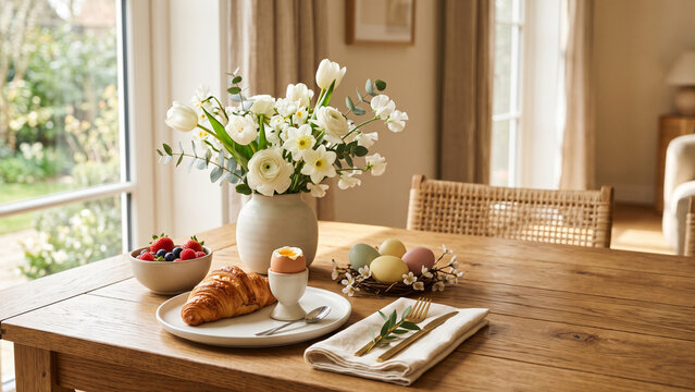 Easter Sunday Breakfast with Pastry and Spring Flowers