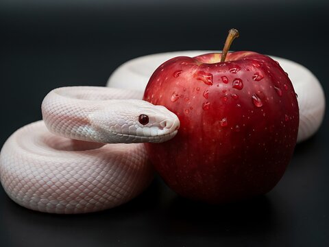White snake curled beside red apple with water droplets creating dramatic symbolic nature still life composition
