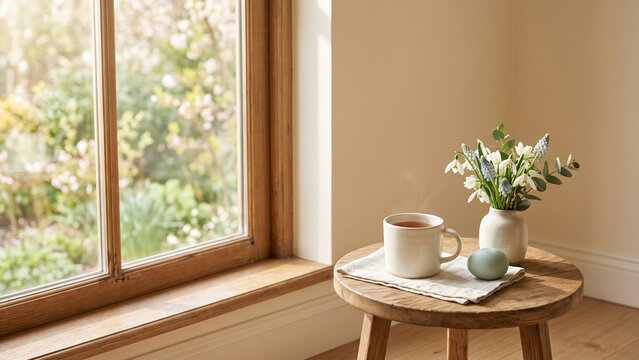 Easter Sunday Morning with Tea and Spring Flowers