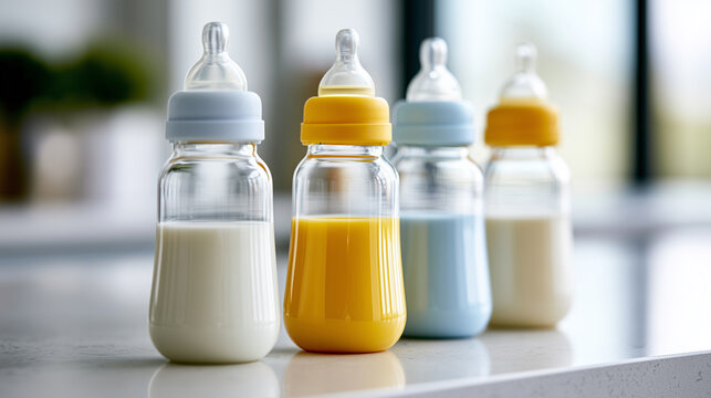 Four baby bottles filled with different colored liquid and milk arranged on a kitchen counter.