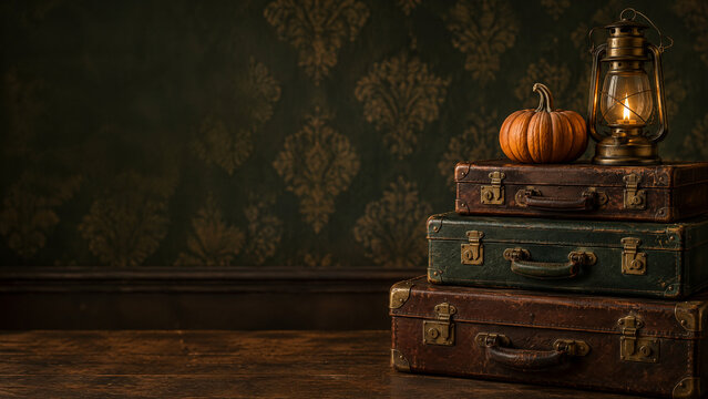 Vintage suitcases stacked with pumpkin and lantern, antique travel luggage in dark moody room, rustic autumn still life with damask wallpaper