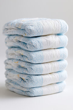 Stack of clean folded blue and white baby diapers placed neatly on a light surface.