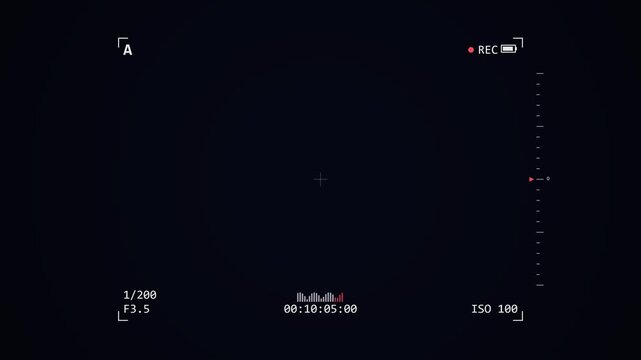 Digital camera viewfinder overlay with digital data, timecode, battery level, and exposure information, dark screen background