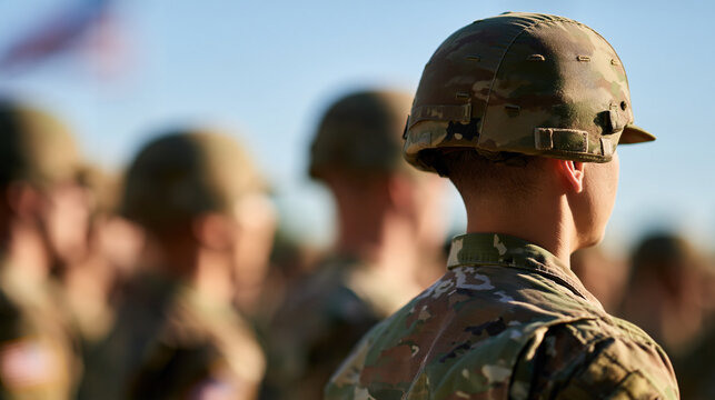 rows of recruits in camouflage uniform standing at attention on a bright outdoor parade ground, rear view with faces out of frame, clean daylight sky overhead, boot camp, basic