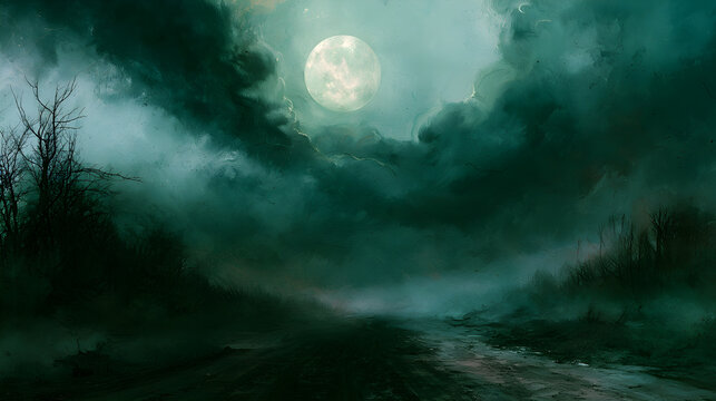Halloween wallpaper, full moon behind dark storm clouds along a dark country road, dark and haunting feel, eerie green and black palette, watercolor illustration style, perfect for desktop wallpaper