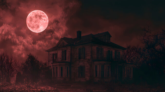 Halloween wallpaper, full moon behind dark storm clouds in an abandoned mansion, quietly unsettling mood, blood red and charcoal palette, cinematic photography style, high resolution