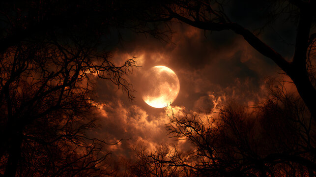 Halloween wallpaper, full moon behind dark storm clouds beneath a canopy of dead trees, spooky moonlit glow, orange and black color palette, photorealistic style, high resolution