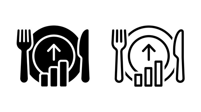Calorie intake and food consumption growth vector icon set with a plate, cutlery, and rising charts