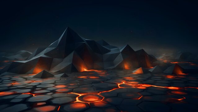 Volcanic Landscape with Lava Flows and Cracked Earth Under Night Sky