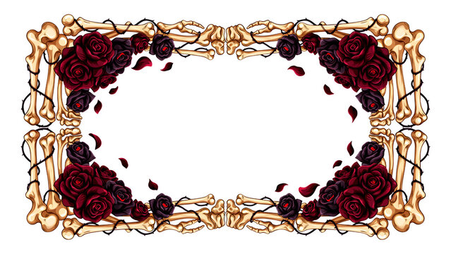 floral and bone frame border featuring purple roses for halloween invitation card print graphic design
