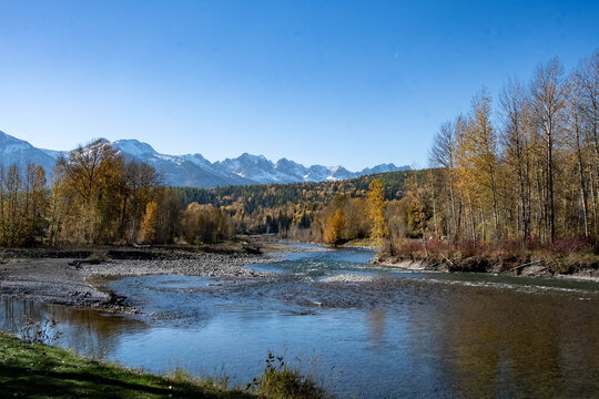 Autumnal view of the Elk River and Canadian Rockies, East Kootenay region, British Columbia, Canada