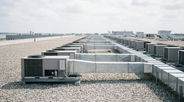 Industrial rooftop air conditioning system with ventilation ducts on roof