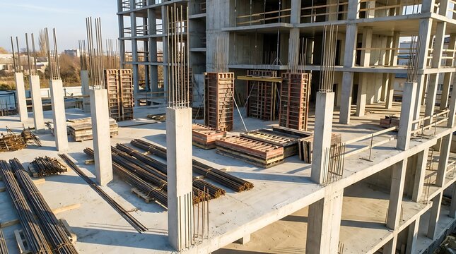 Aerial view of a dynamic urban construction site, featuring the robust concrete skeleton of a new high-rise building with exposed rebar, symbolizing city growth and modern development