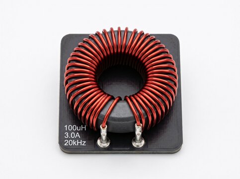Toroidal inductor coil with red copper wire winding on black base for electrical filtering.
