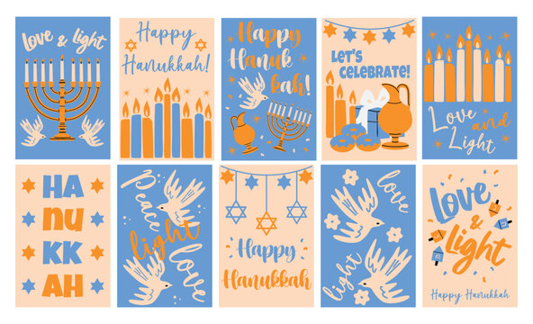 Happy Hanukkah festive poster set with menorah, candles, dove, and star of david. Holiday greeting card collection for Jewish celebration and template design.