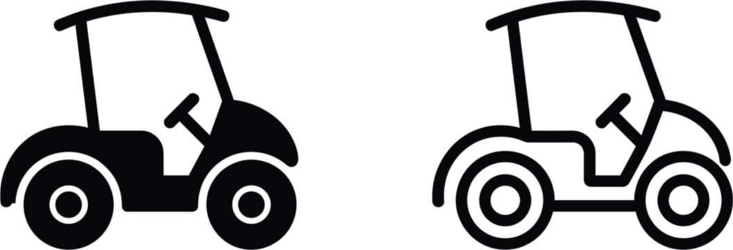 Golf cart icon set, electric utility vehicle symbols for golf course resort transportation tourism and outdoor recreation design projects