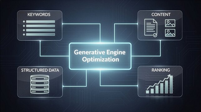 Generative Engine Optimization diagram illustrating GEO core elements including content creation, keyword research, structured data implementation, and search visibility ranking.