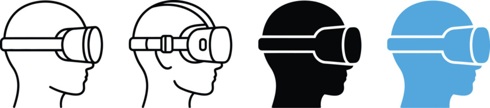 Virtual reality vr headset icon set displaying human head profiles in outline silhouette blue vector styles vr headset augmented reality