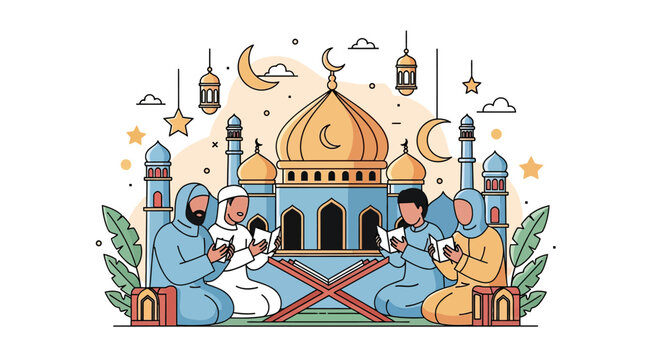 Muslim community praying outside a mosque during Ramadan.