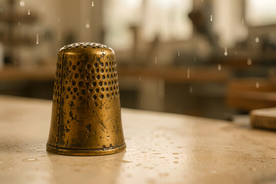 Aged brass thimble on bright laboratory counter with humid greenhouse light