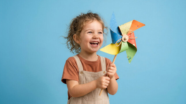 Happy young girl holding a colorful pinwheel against a blue background  