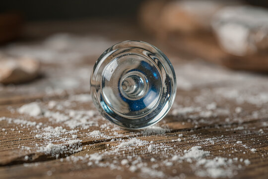 Clear glass cabinet knob with cobalt-blue glints on flour-dusted rustic bakery table