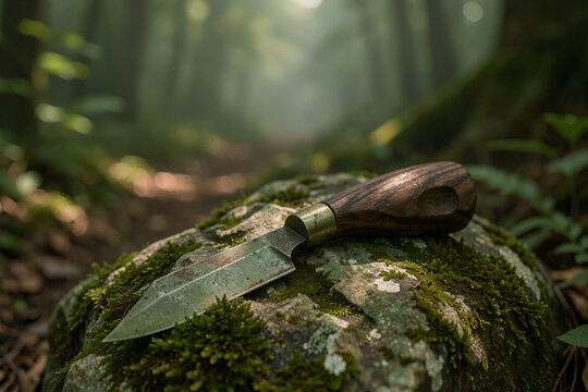 Carving knife with dark walnut handle on mossy rock in misty forest