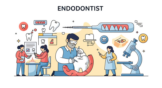 Flat vector illustration of endodontist performing root canal procedure