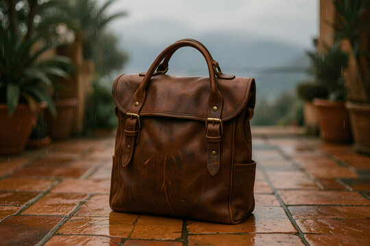 Vegetable-tanned leather sea bag on Mediterranean tiled terrace in greenhouse light